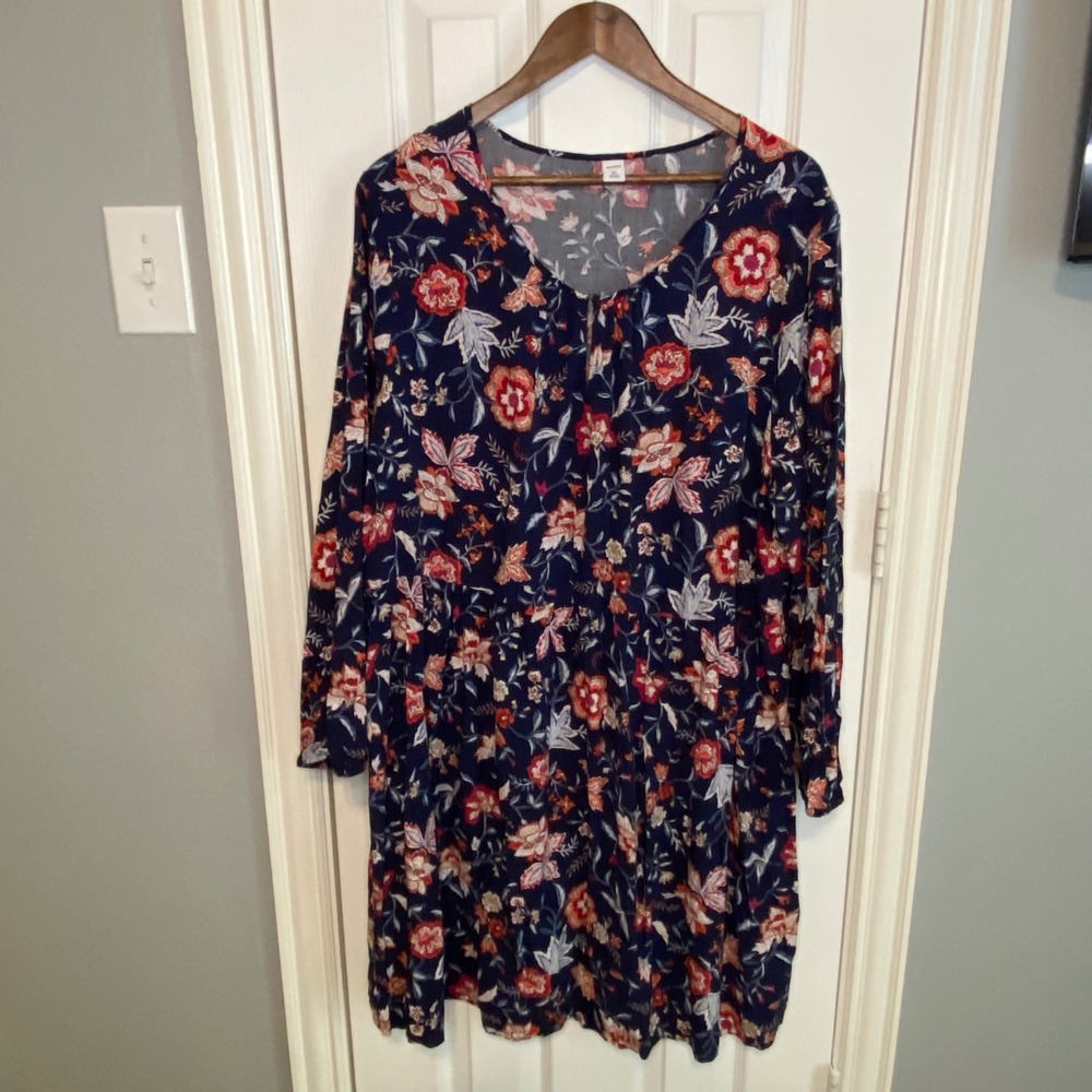 Old Navy Womens XXL Navy Blue Floral Long Sleeve Rayon Swing Dress Cottagecore